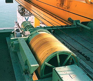 Detail of Spreader cable reel assembly onto a skip to shore crane. Instalacin Martima Valenciana in the Port of Valencia