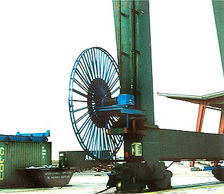 Detail of cable reel with counter-weight drive in container terminal in ATM railway station in the Port of Bilbao