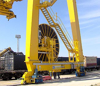 Cable reel in container crane in railway station in Seville